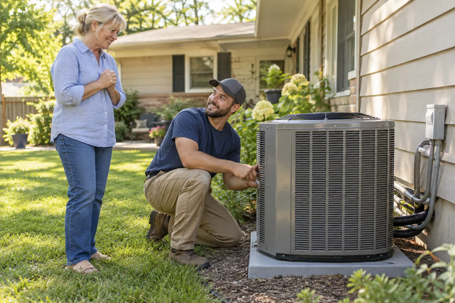 A friendly provider checking a new outdoor air conditioner beside a home near Grand Rapids