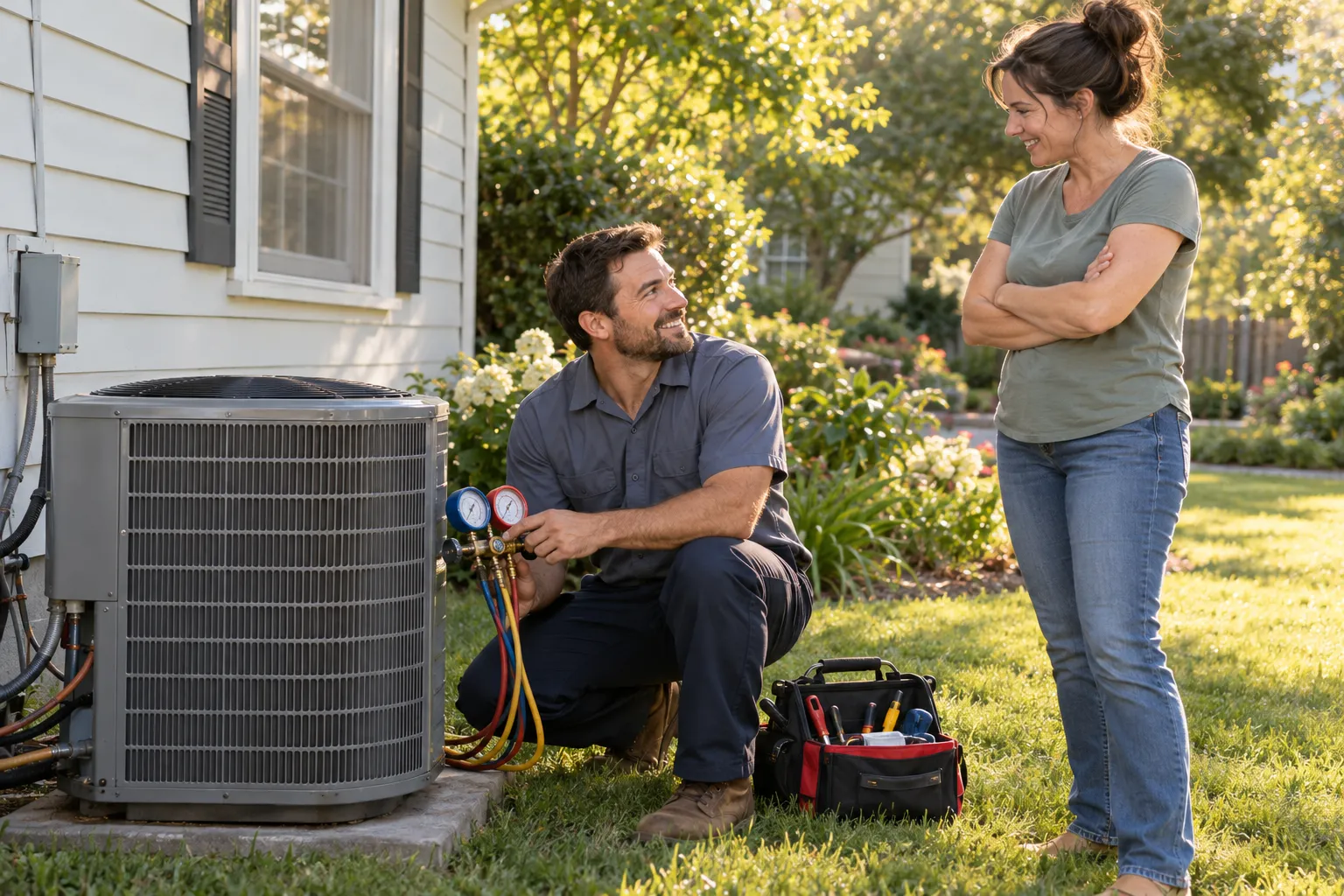 Friendly HVAC provider checking an outdoor air conditioner with a homeowner near Grand Rapids