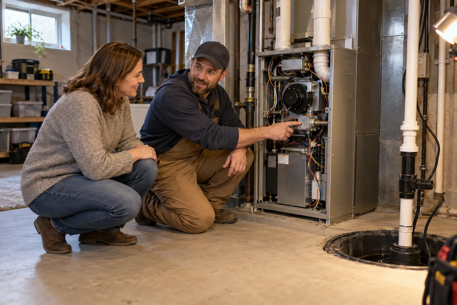 Homeowner and a local HVAC provider checking a furnace in a basement near Grand Rapids