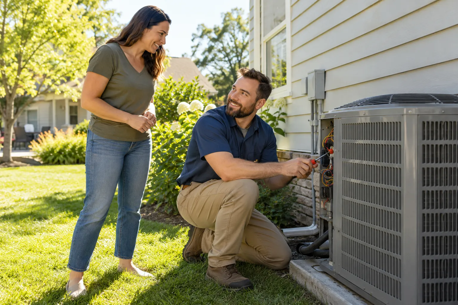 A local provider checking an outdoor AC unit beside a house in the Grand Rapids area